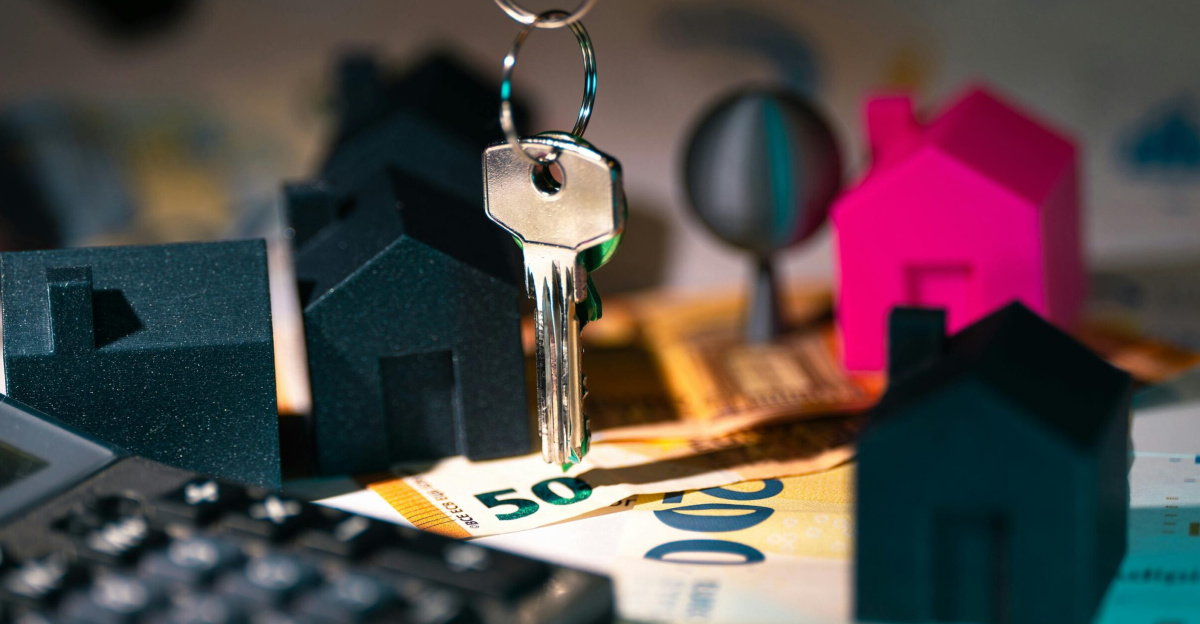A symbolic representation of real estate finance featuring keys, model houses, and euro banknotes.