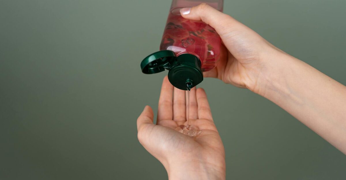 Close-up of hands dispensing liquid gel from a bottle with green cap