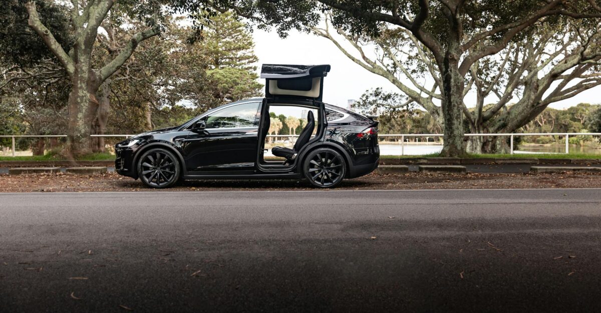 Tesla Model X with open falcon wing doors parked in a scenic Sydney park setting
