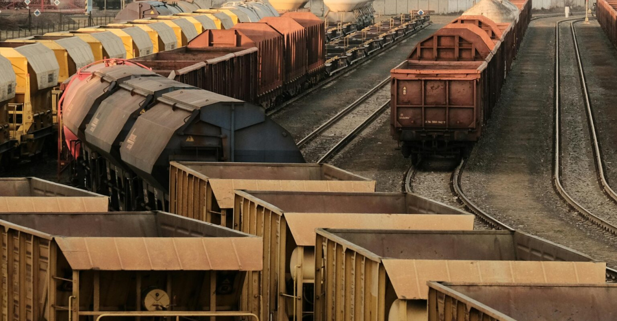 A busy freight train yard with multiple tracks and a variety of train cars in a rural setting.