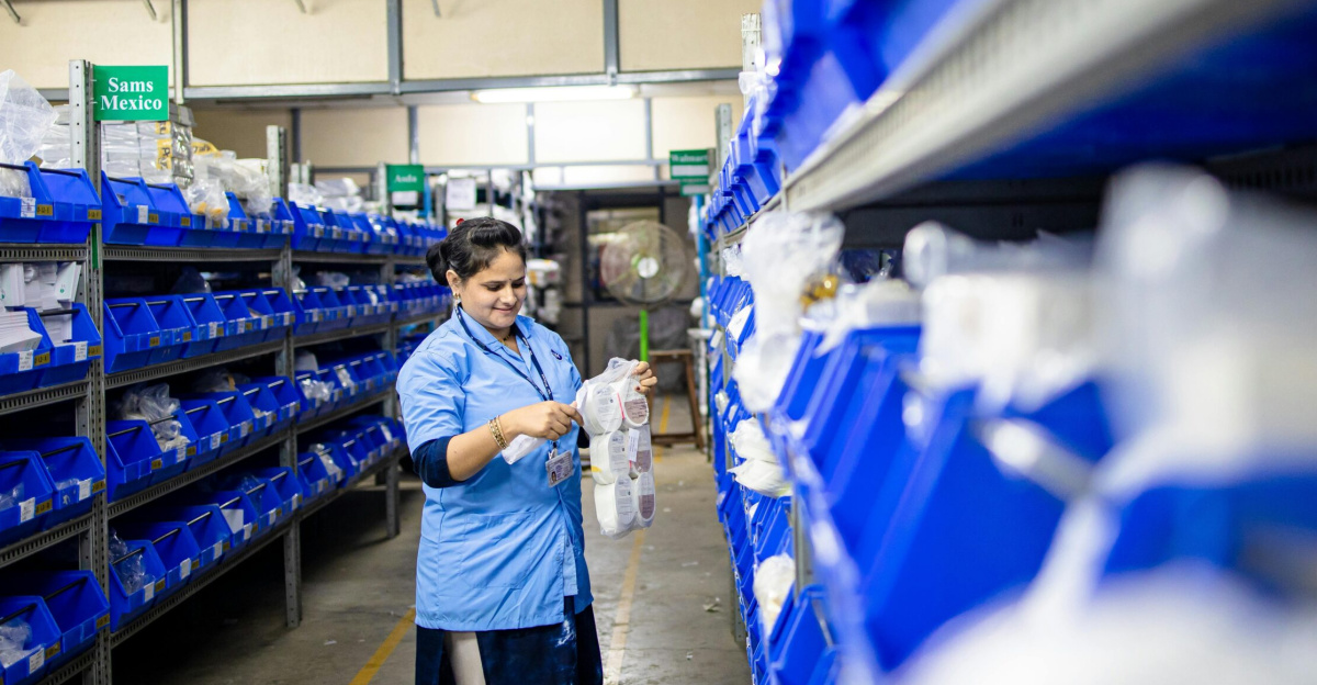 Female worker organizes shelves in a warehouse. Industrial setting with labeled storage bins.