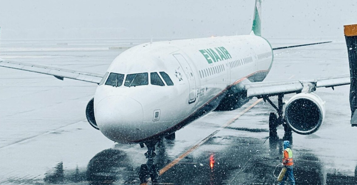 Airplane on tarmac during snowfall at Narita Airport, Chiba, Japan.