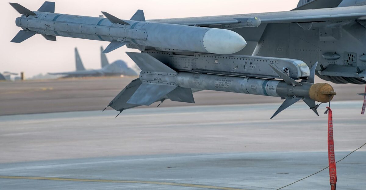 Detailed view of a military missile mounted on an aircraft wing at an airbase in Bengaluru