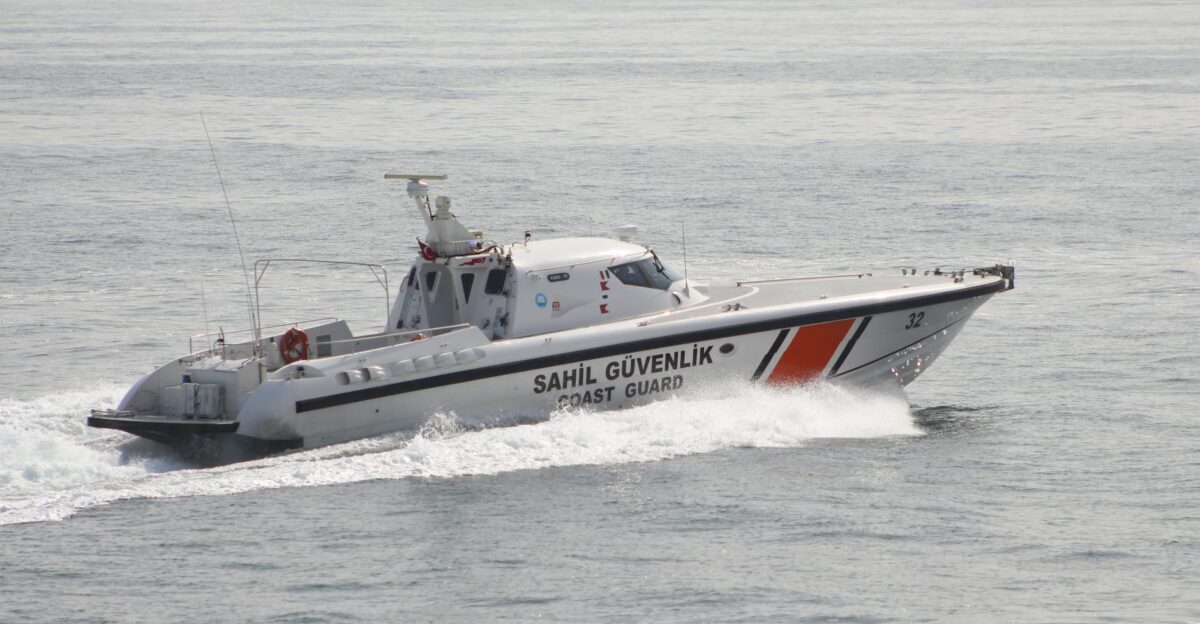 Turkish Coast Guard vessel cruising through calm waters off the coast of Tekirda