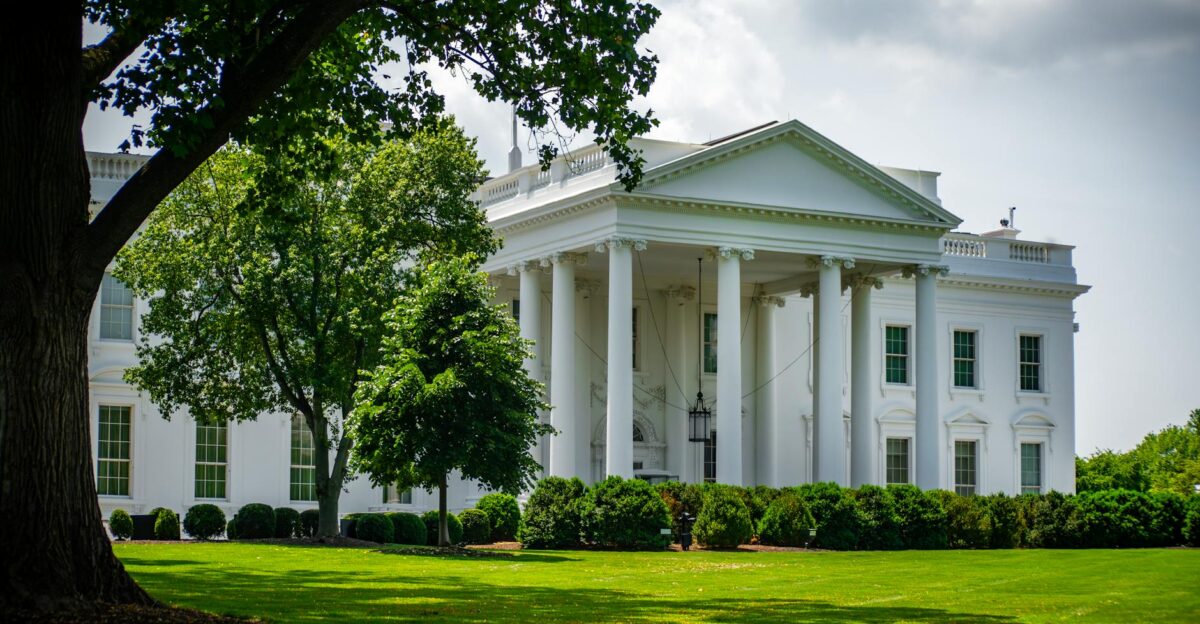 The White House framed by trees and greenery in Washington D C under a bright sky