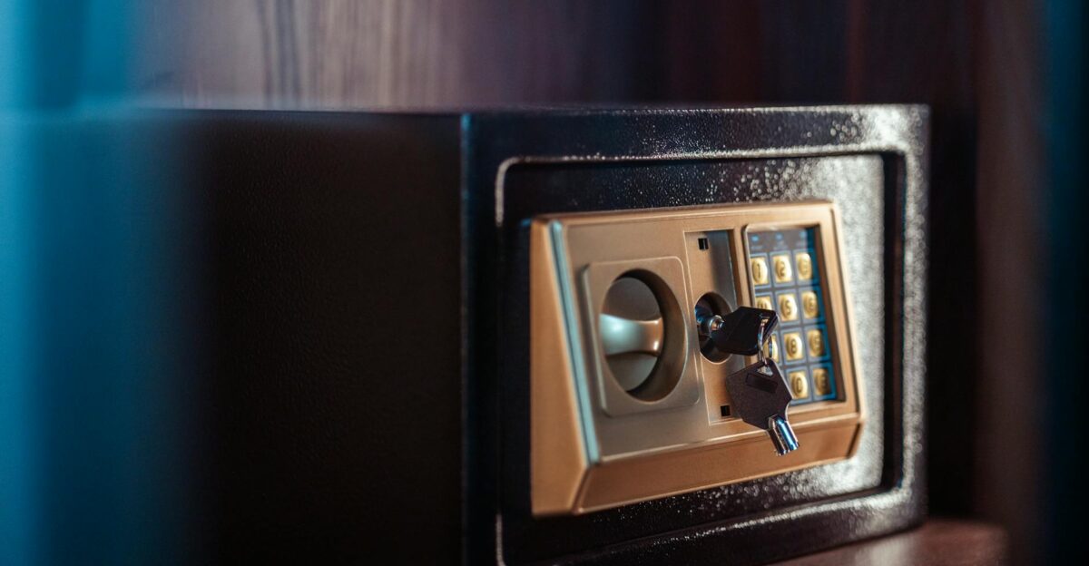 Close-up image of an electronic safe with a key in Baghdad Iraq