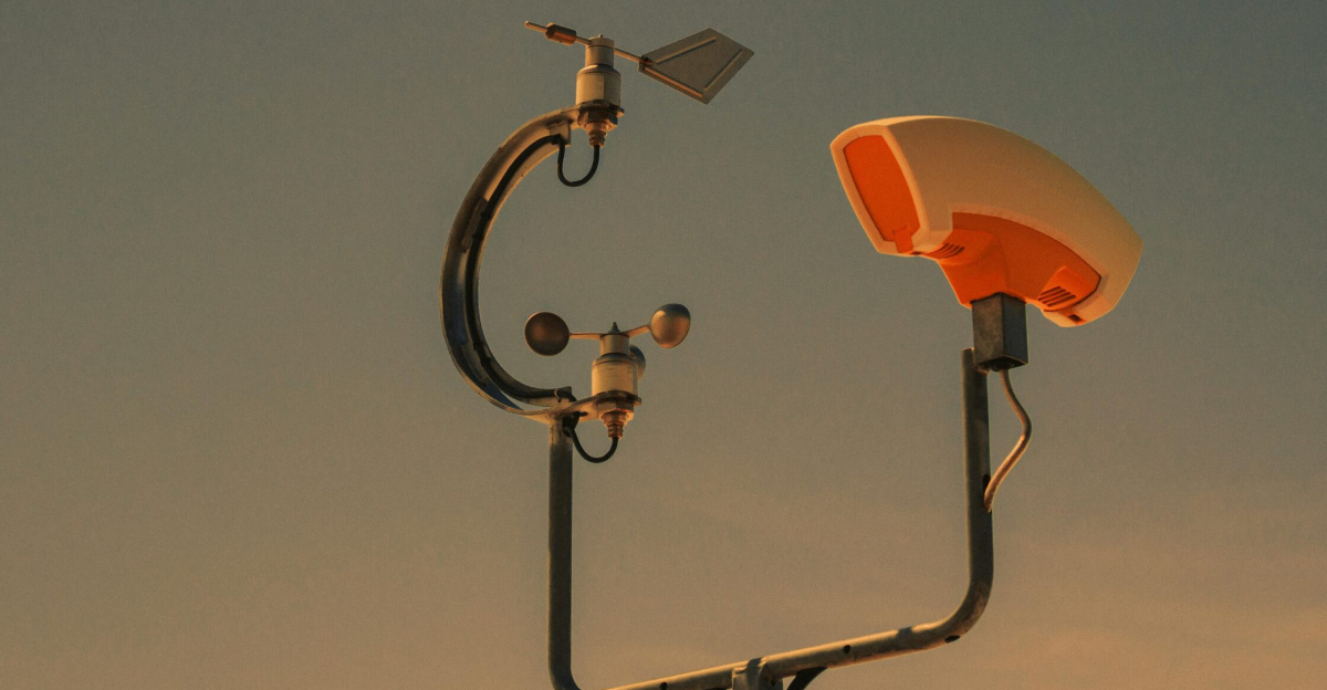 Weather monitoring equipment with a sunset sky backdrop, highlighting technology and atmosphere.