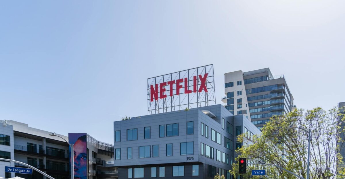 Exterior view of Netflix headquarters in Los Angeles under a clear sky