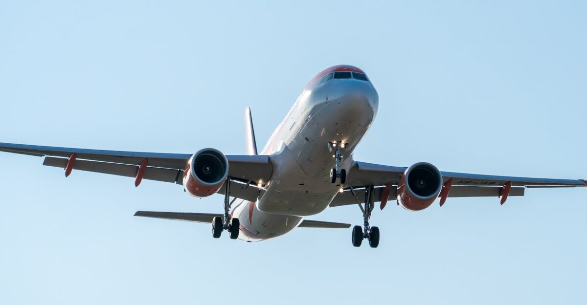 Airplane approaching for landing on a clear day in Manises Community of Valencia Spain
