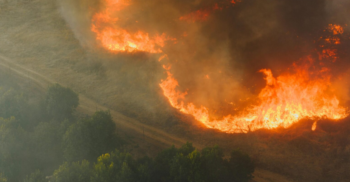 Aerial shot of a wildfire raging through a forest in Mpumalanga, South Africa.