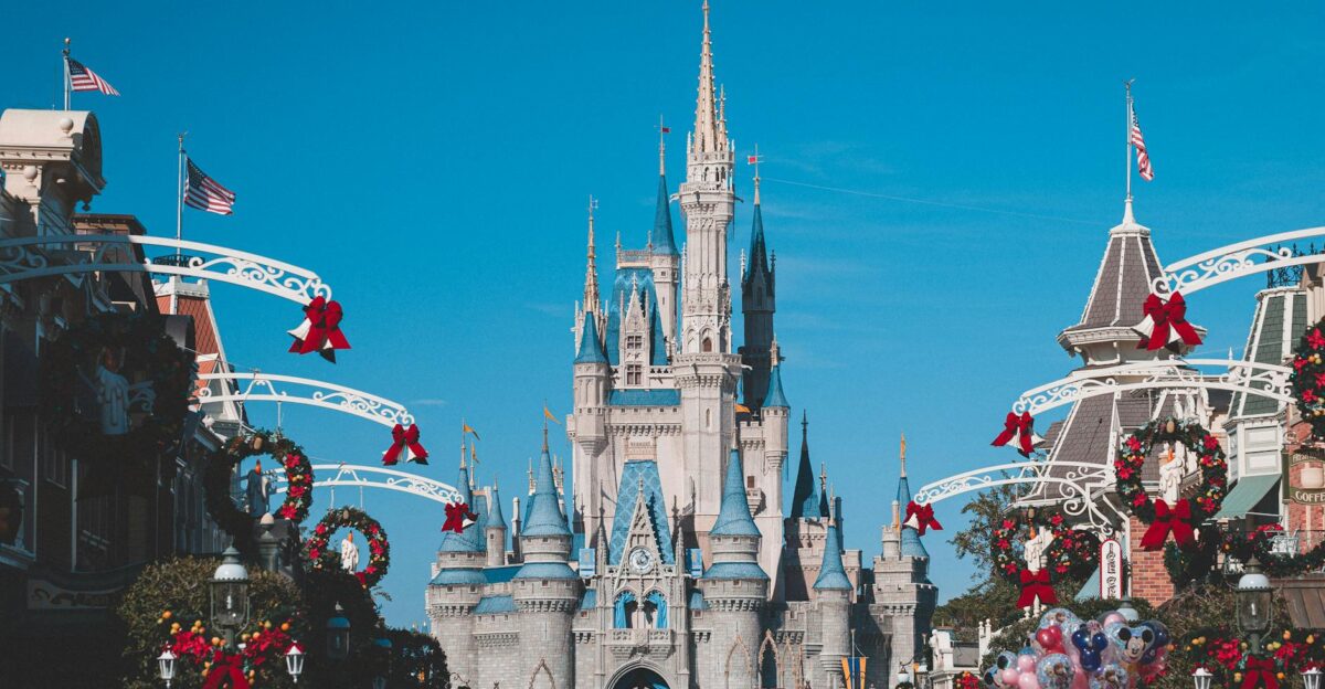 Cinderella Castle at Disney World s Magic Kingdom adorned for holiday festivities Orlando Florida
