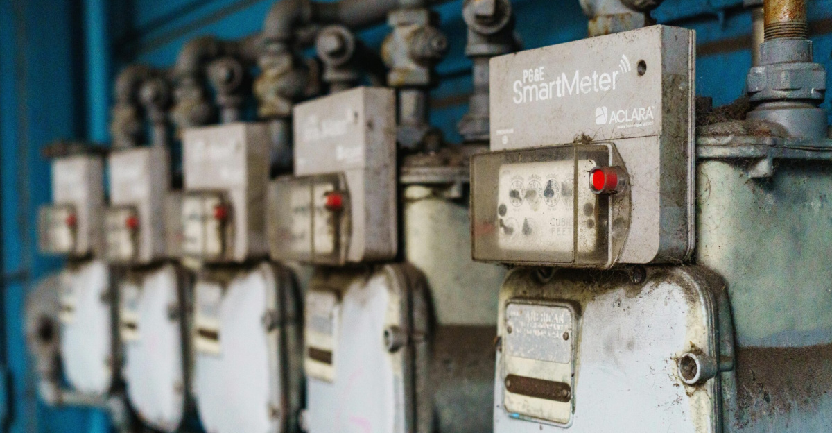 Multiple smart utility meters lined up on a blue industrial wall.