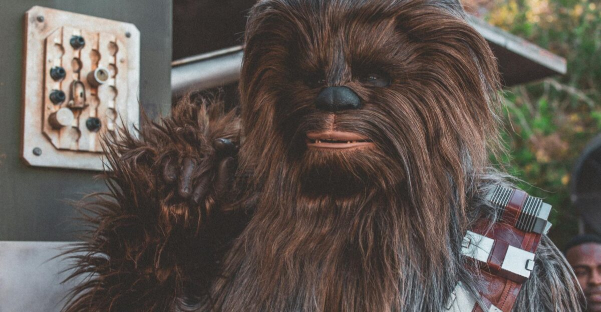 Realistic Chewbacca costume character at a science fiction event showcasing detailed craftsmanship