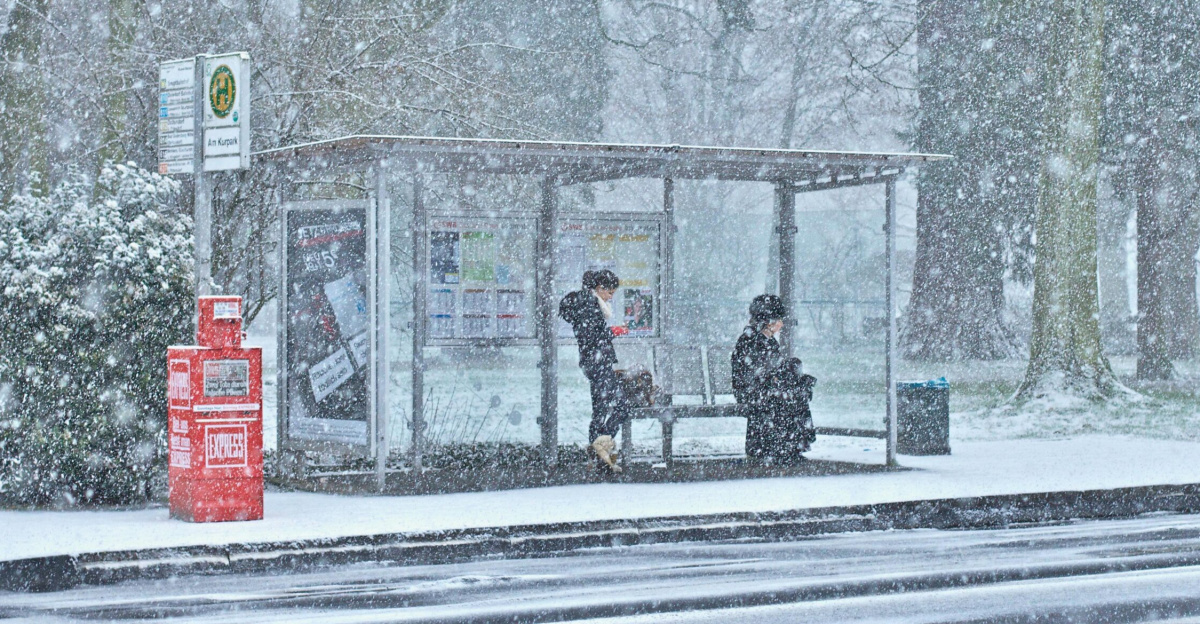 Two people wait at a snowy bus stop during heavy snowfall in a park.