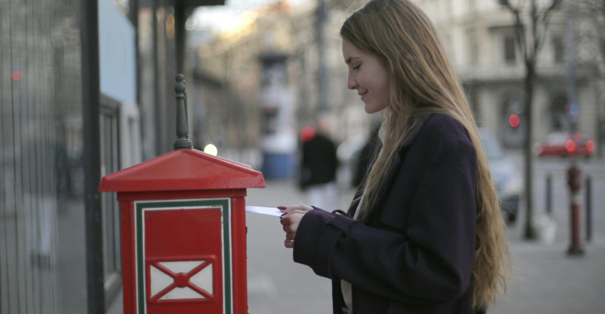 A woman wearing a coat posts a letter in a red postbox on a city street.