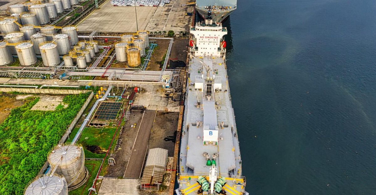 Aerial shot of oil tankers and storage facility in North Jakarta Indonesia