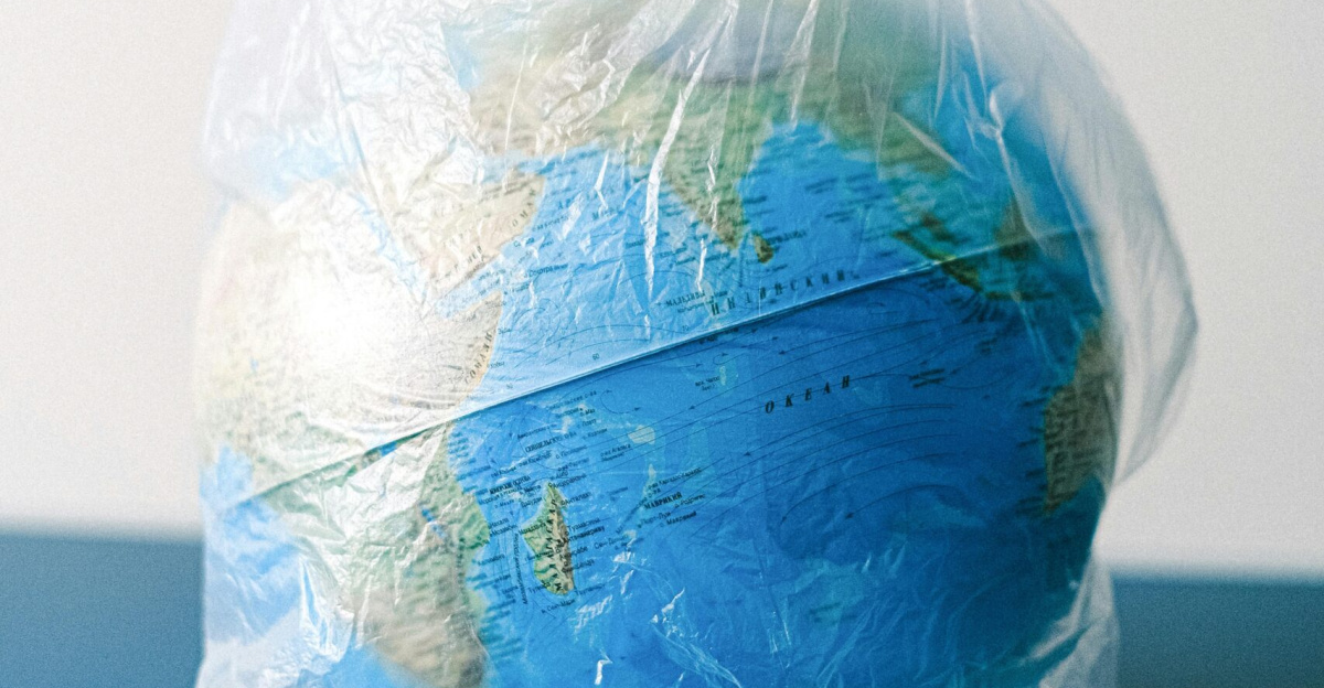 A globe encased in a plastic bag symbolizing environmental issues, recycling, and pollution.
