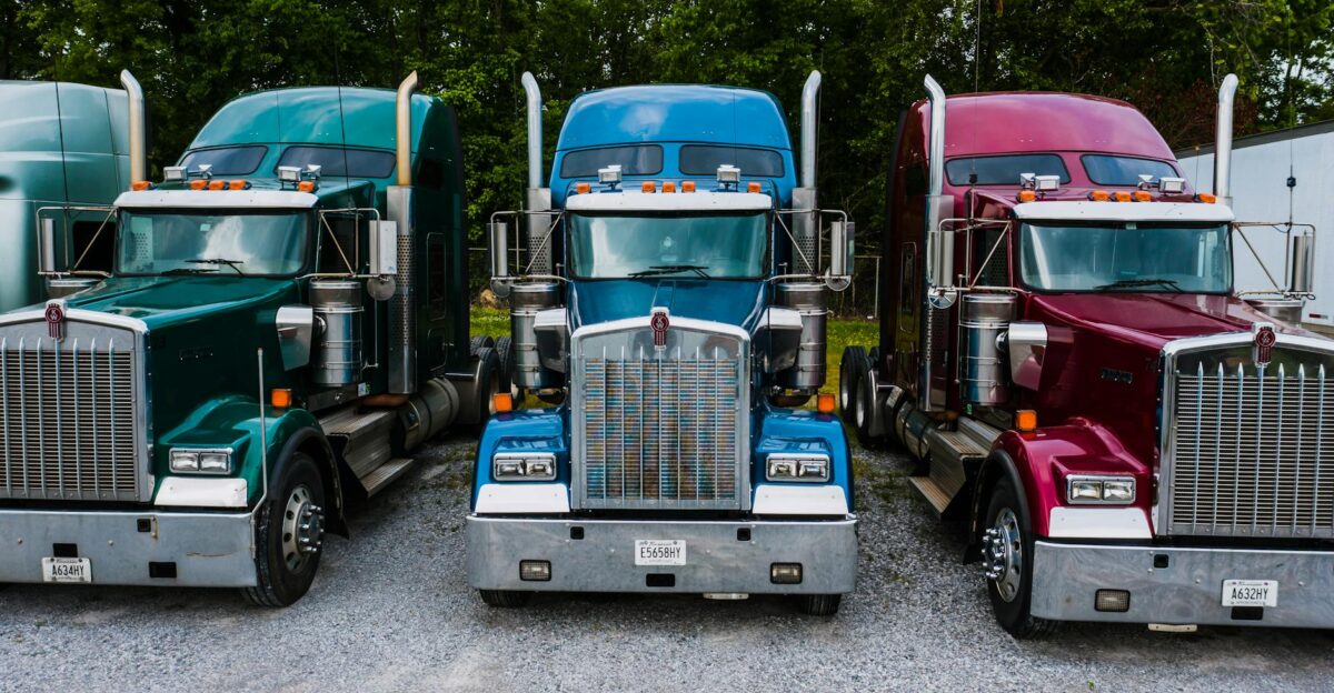 Vintage classic trucks of different colors parked in row on asphalt road against green trees