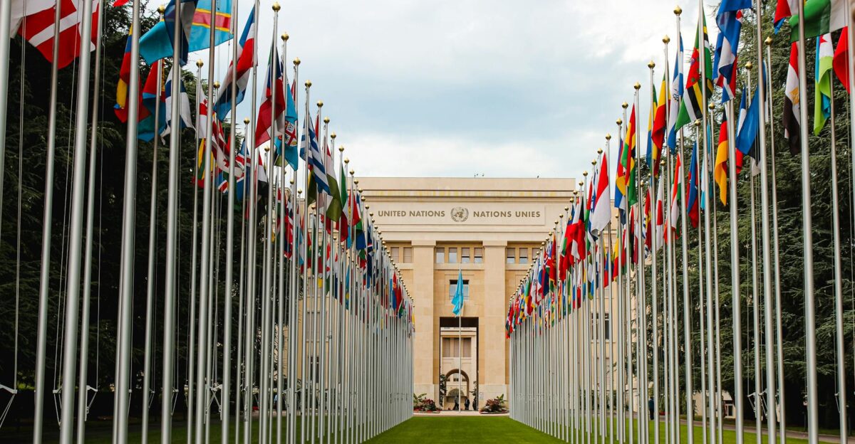 From below of various flags on flagpoles located in green park in front of entrance to the UN headquarters in Geneva