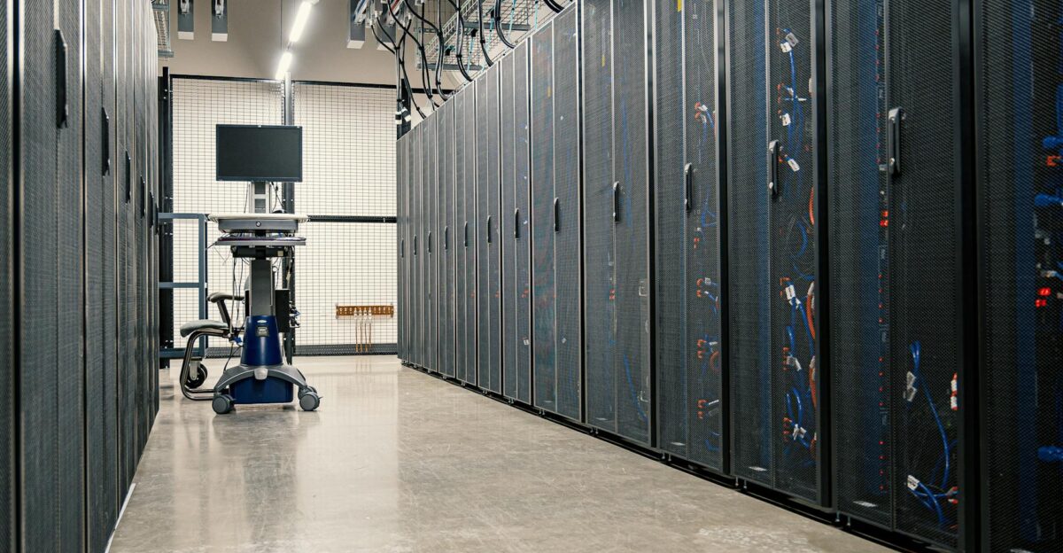 Modern data center corridor with server racks and computer equipment Ideal for technology and IT concepts