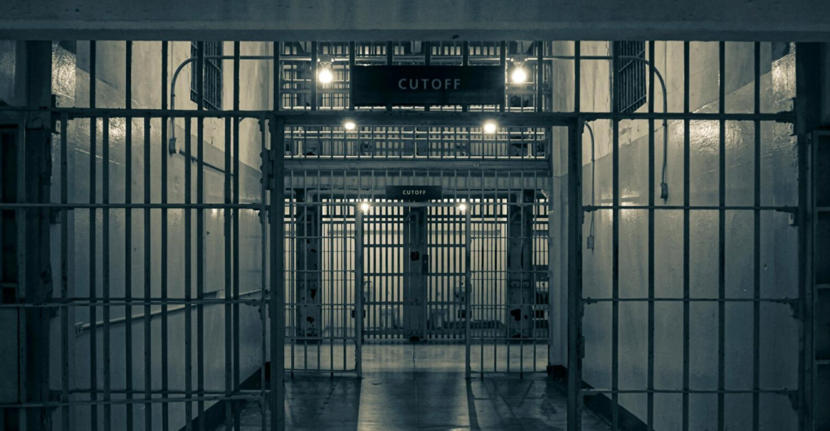 Moody interior of a prison corridor with metal bars, evoking a sense of confinement.