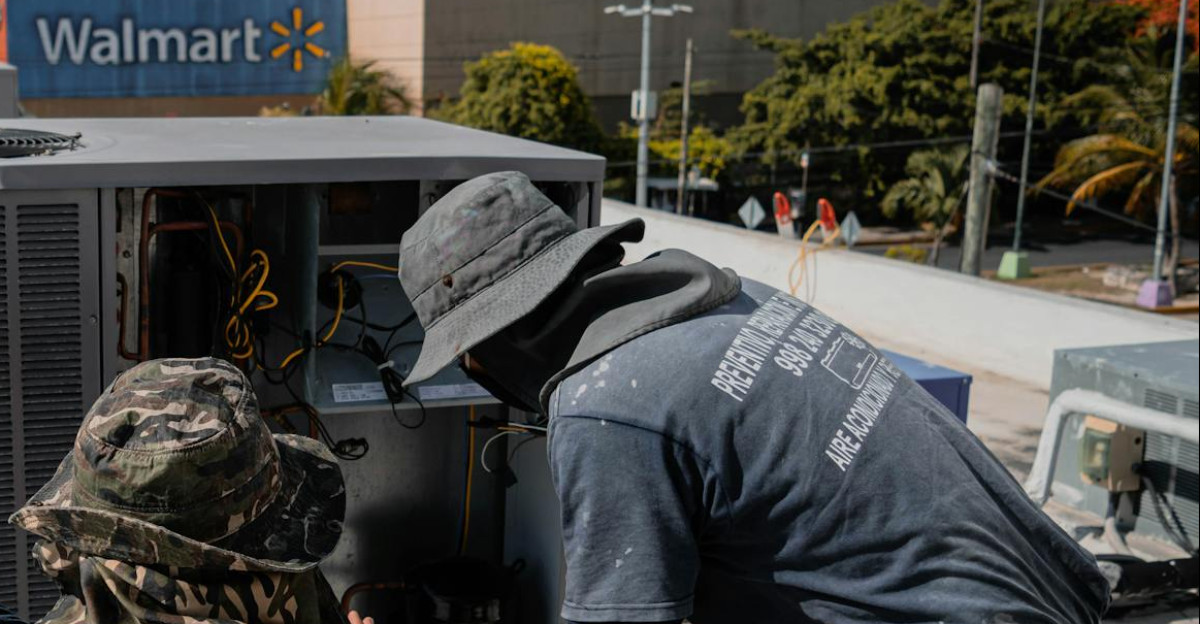 Two technicians repair a rooftop HVAC unit outside a Walmart store