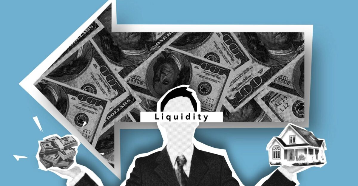 Collage depicting financial liquidity with dollars a house and a suit on a blue background