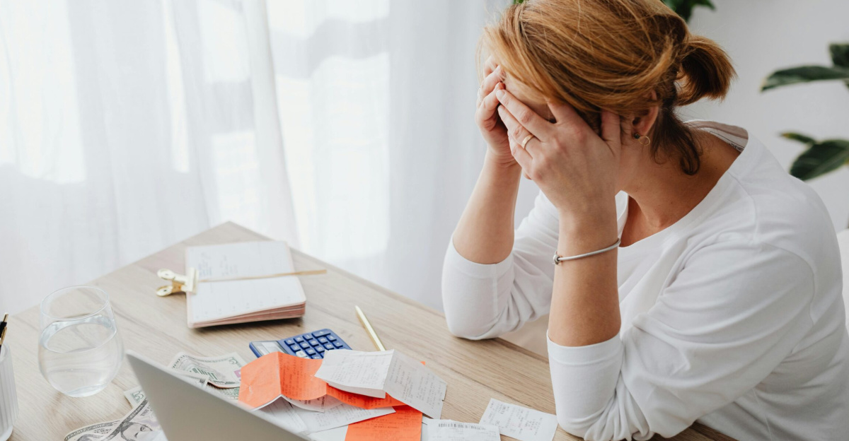 Woman stressed over financial receipts at a desk, dealing with expenses and calculations.