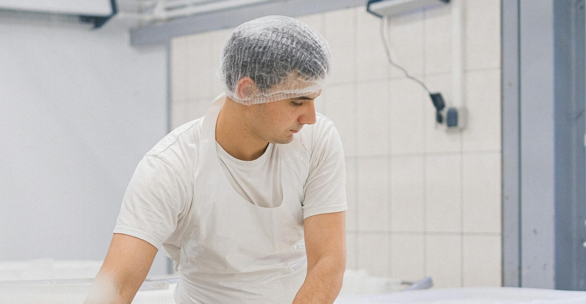 Man in a protective suit managing machinery in a dairy processing facility.
