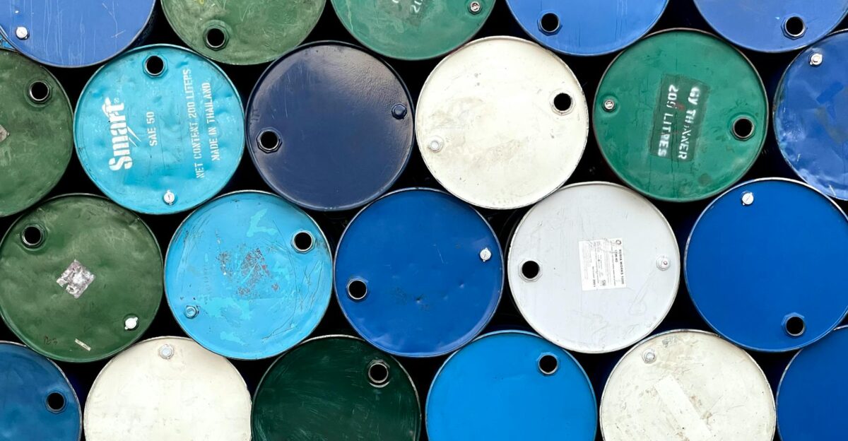Aerial view of stacked colorful barrels in Myanmar showcasing industrial design