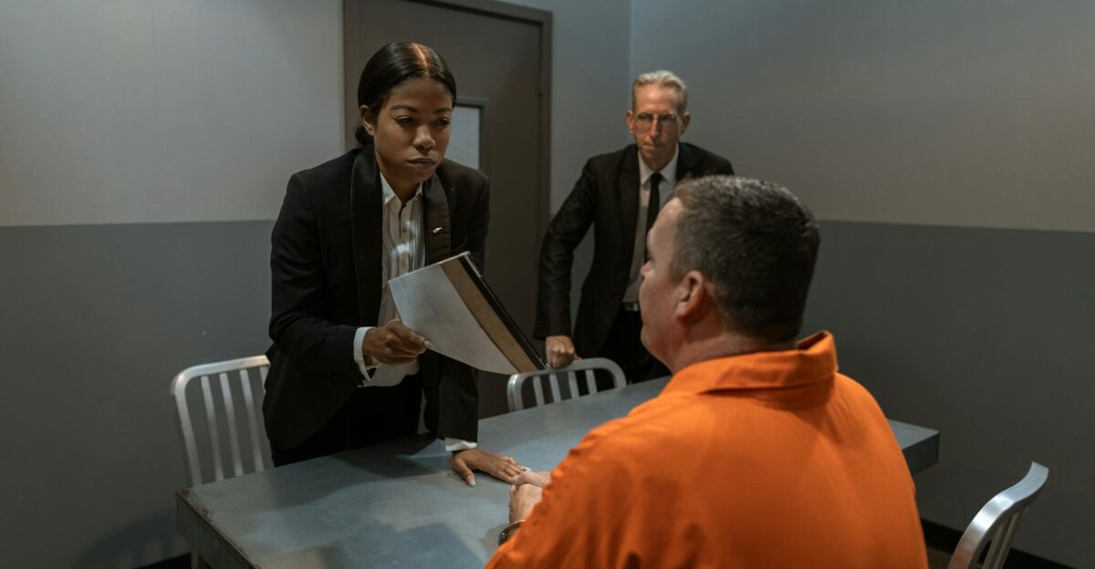 A tense interrogation scene in a prison room with officials and a prisoner