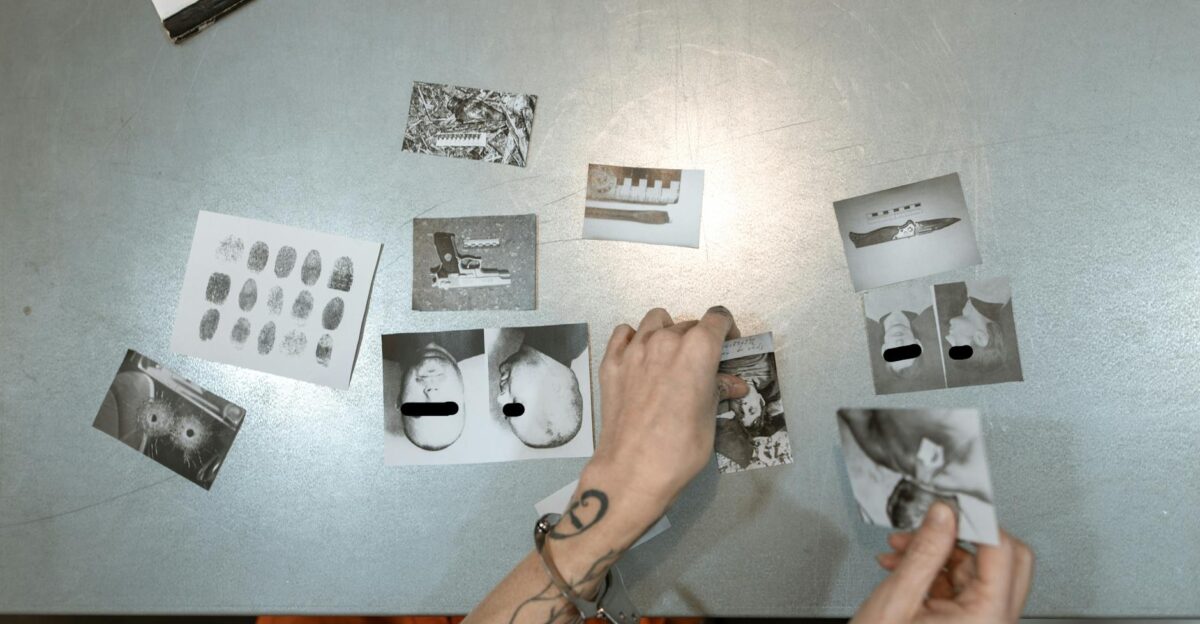 A handcuffed person examines evidence photos on a table indicating a crime investigation scene indoors