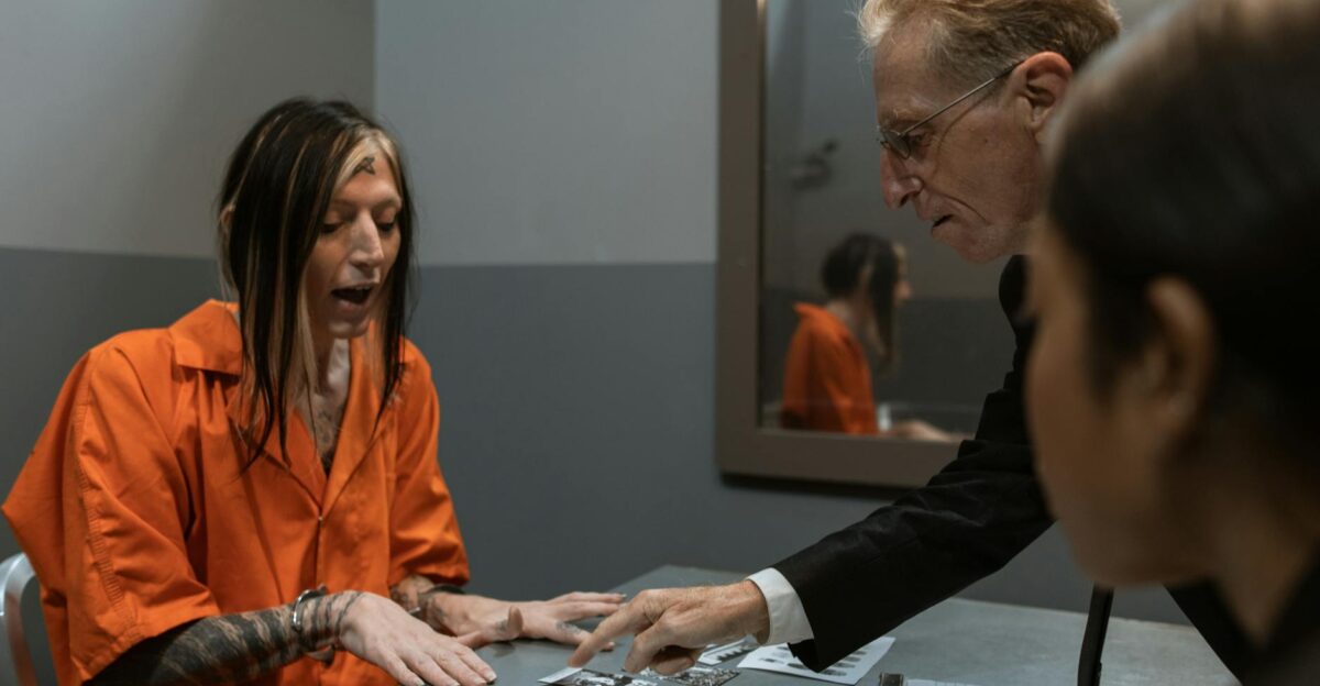A lively interaction between a prisoner and detectives during an interrogation in a police station room