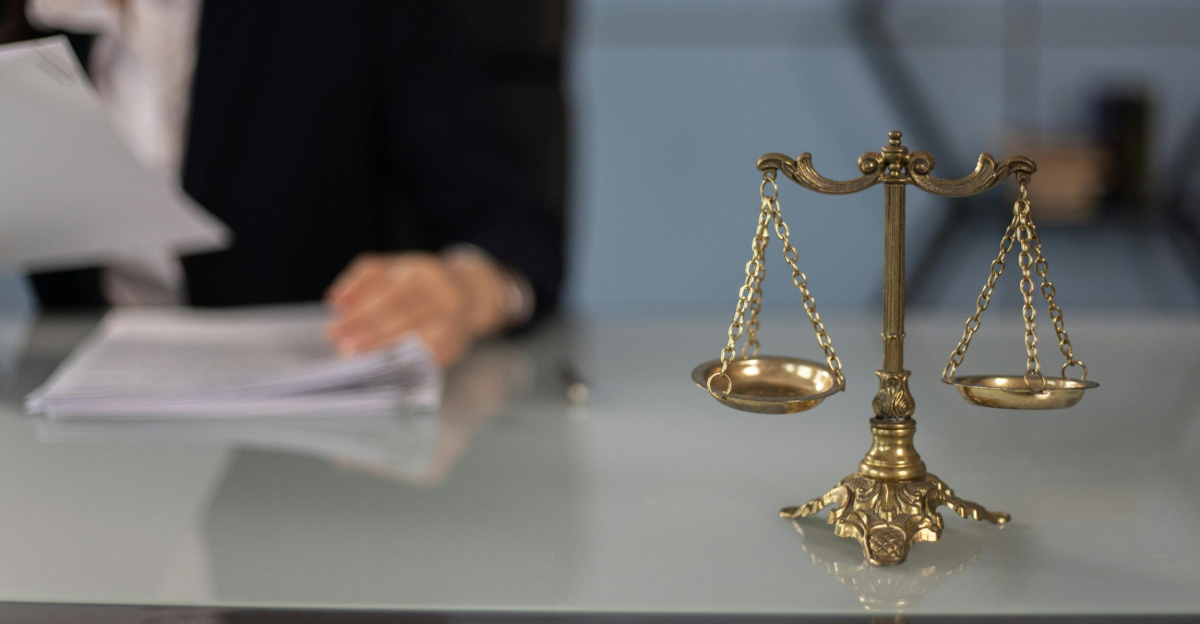 Balance scales on a desk in a professional office with a blurred businesswoman in the background.
