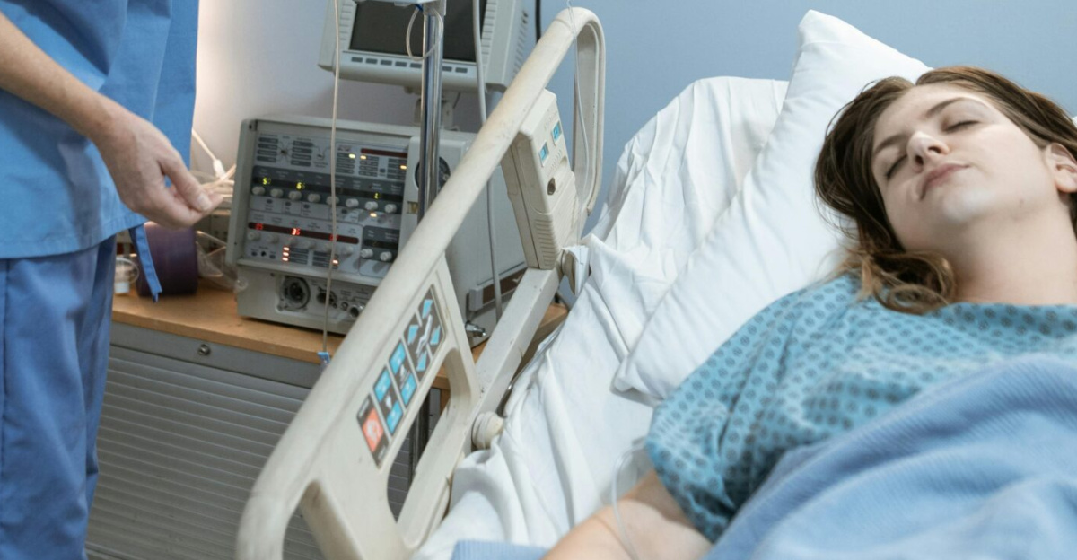 A nurse attends to a patient in a hospital room, ensuring medical equipment is functioning.