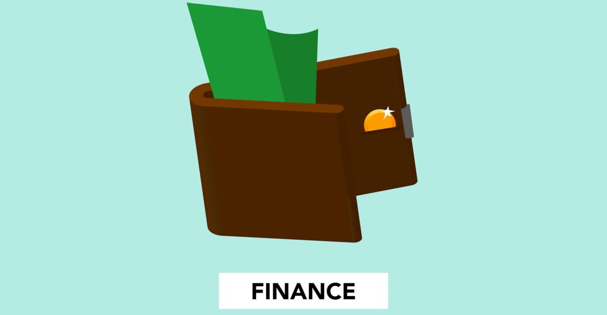 Simple illustration with dollar banknote and coin in wallet above finance inscription on green background