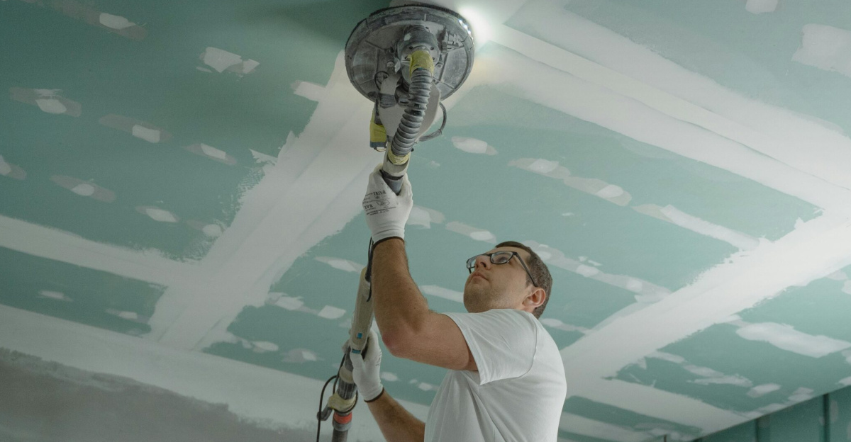 A professional worker sanding the ceiling during a home renovation project. Indoor construction setting.