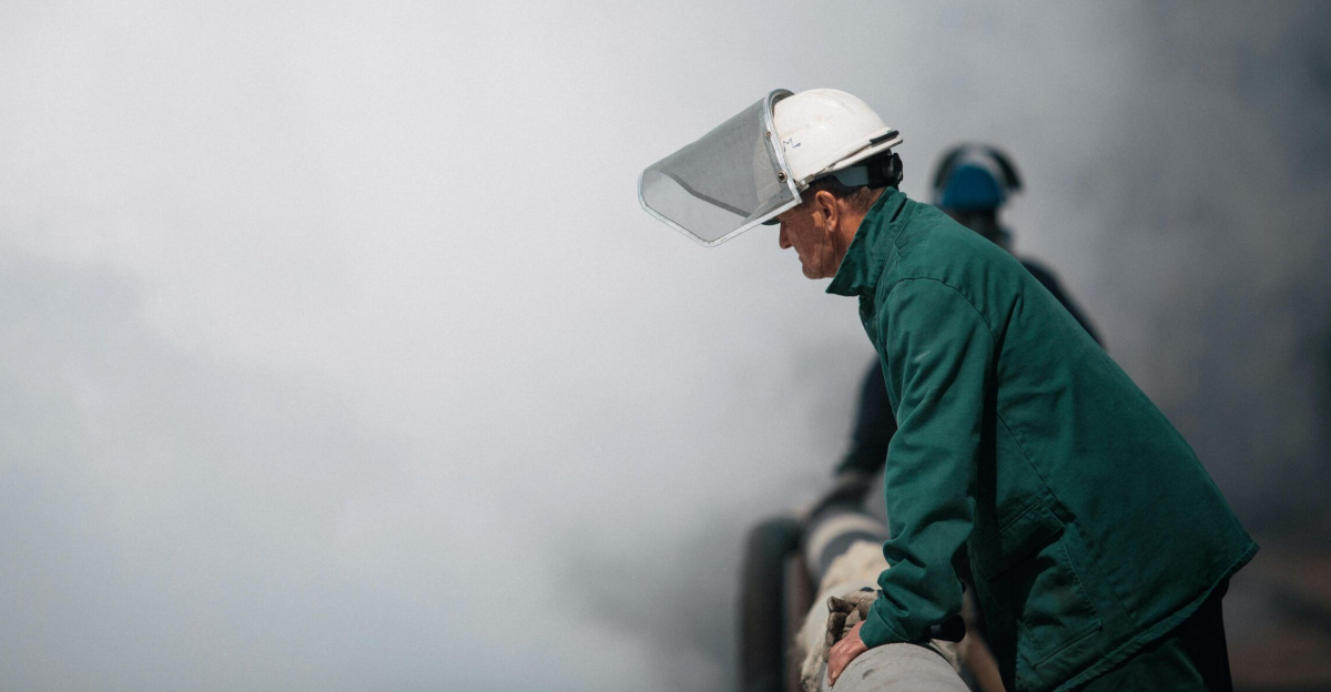 Industrial worker in protective gear inspecting a large pipe amidst dense smoke in an outdoor setting.