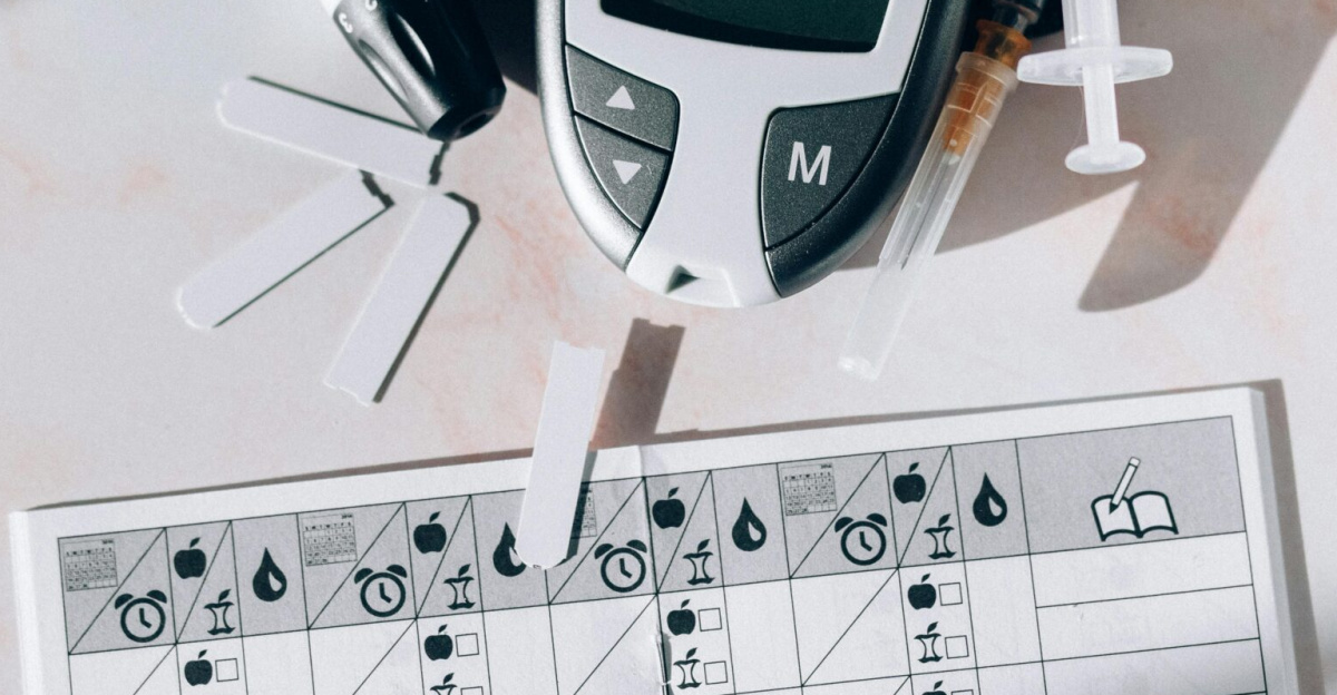 Image of a diabetes management kit including a glucometer, syringes, and monitoring chart.