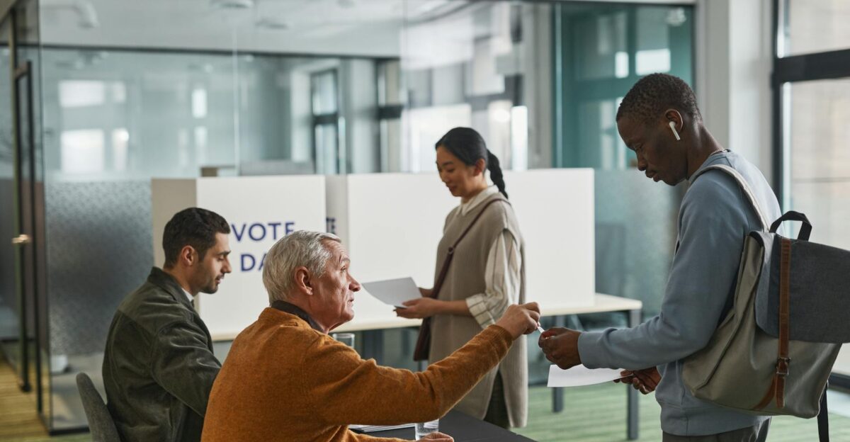 People of various backgrounds participating in voting at a polling station