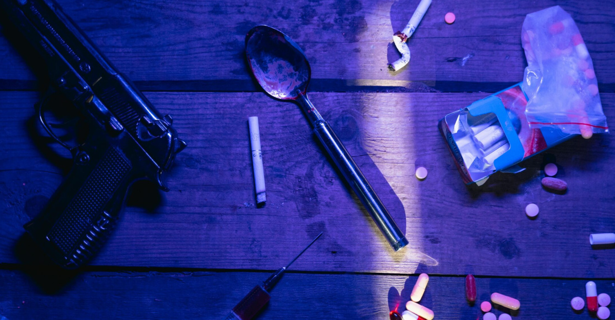 Intriguing still life image depicting pills, a gun, and syringe under dramatic lighting.