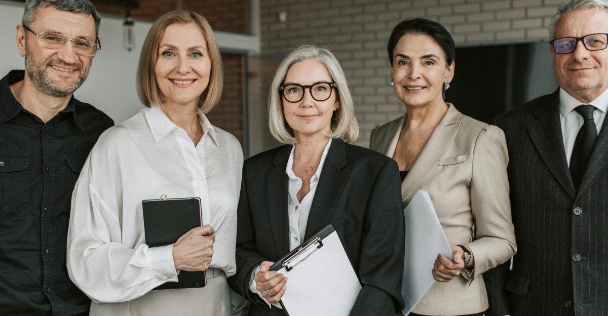 A diverse team of senior business professionals posing confidently indoors.