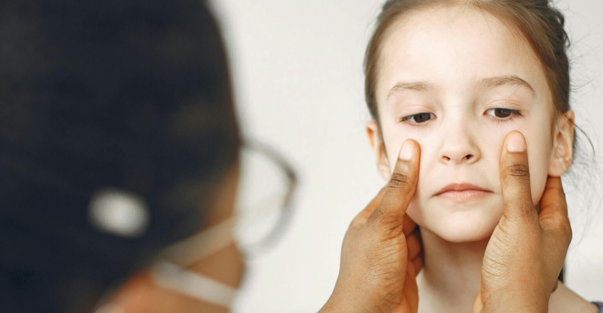 A female doctor carefully examines a young girl's face during a medical checkup.