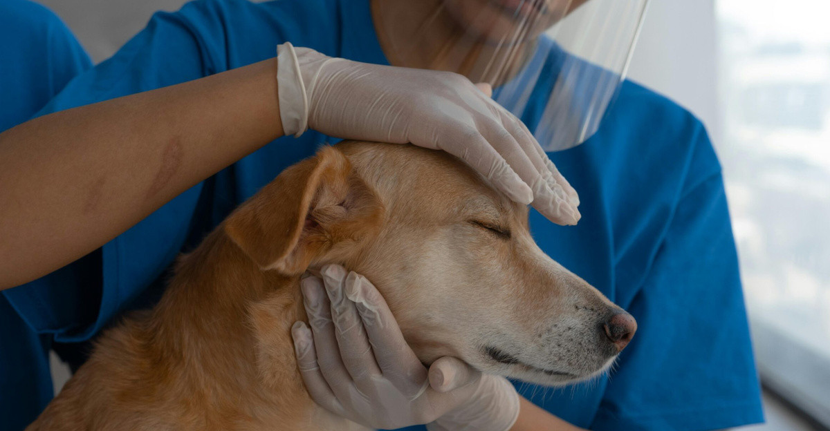 Veterinarian carefully checks and comforts a dog in a clinic environment.