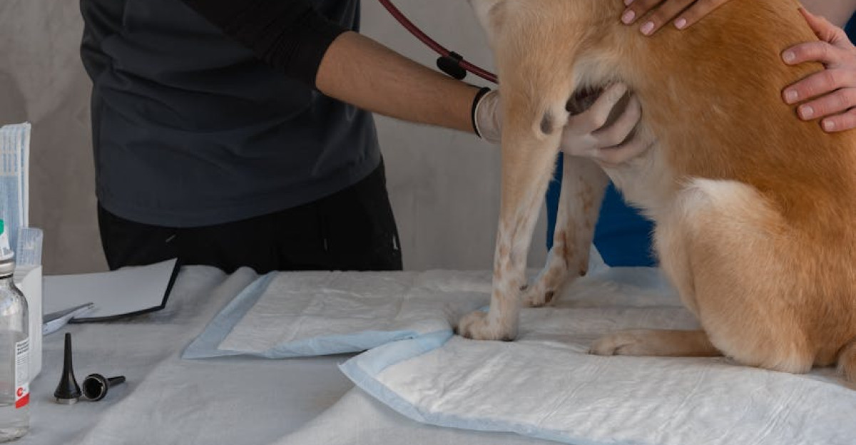 Two veterinarians conduct a medical examination on a dog in a clinic while wearing protective gear