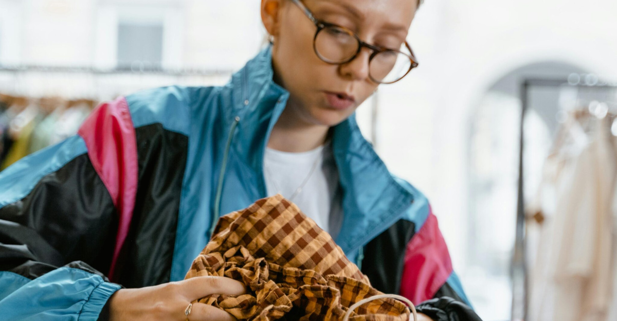 Caucasian woman in a colorful jacket shopping in a trendy boutique.