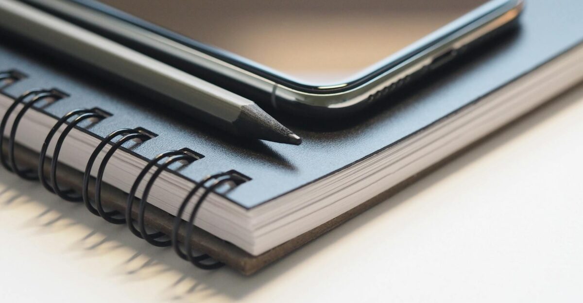 Close-up of a spiral notebook smartphone and pencil on a desk highlighting modern workspace essentials