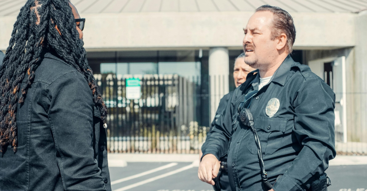 Police officers interacting with a civilian outside a public building, emphasizing community relations.