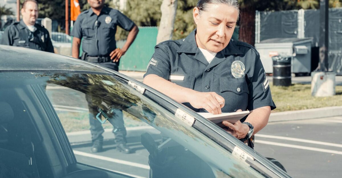 Police officers handling a traffic violation in a parking lot focus on policewoman writing a ticket