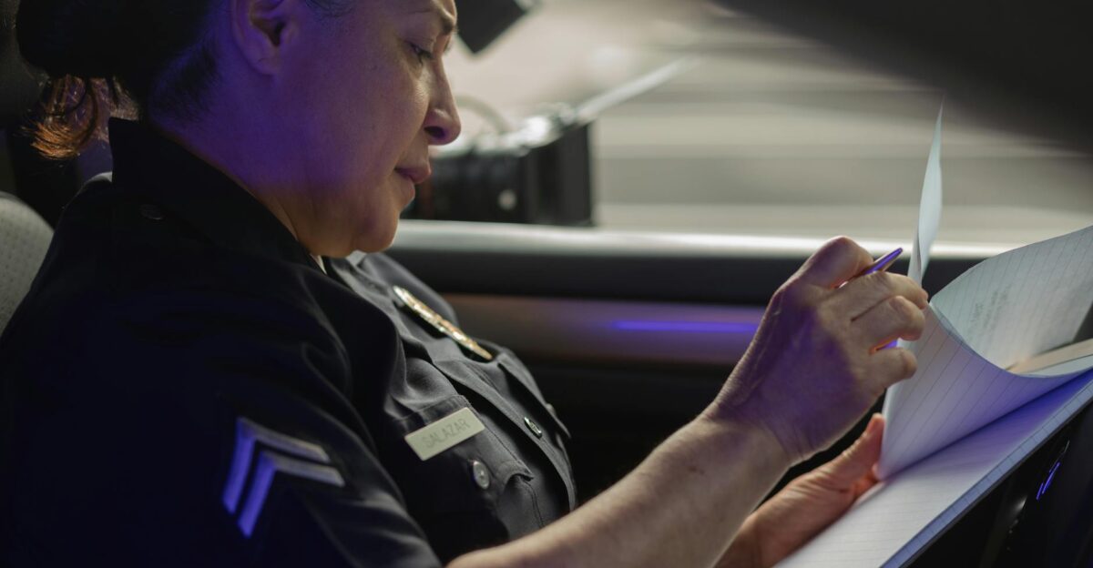A female police officer sits in a patrol car focused on writing a report during daylight